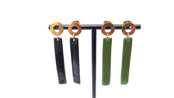 Elongated rectangular black or green handmade ceramic beads on gold open round earrings