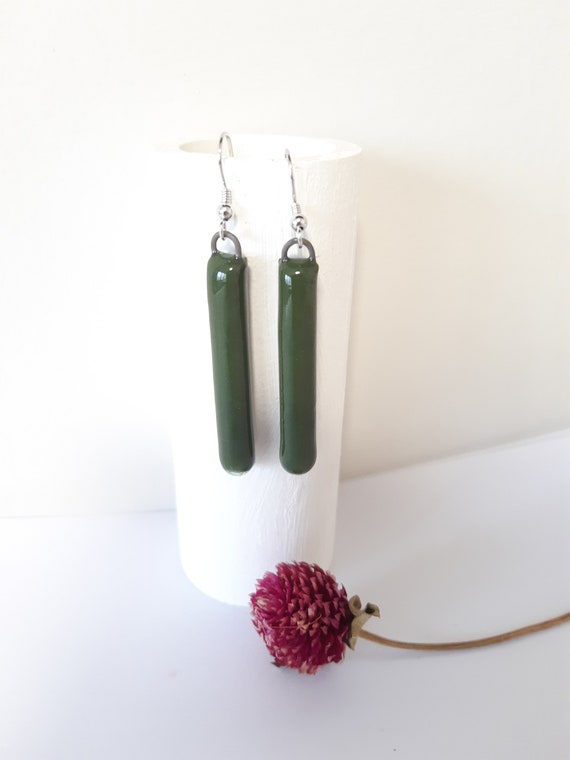 Handmade rectangle porcelain earrings with long green bead