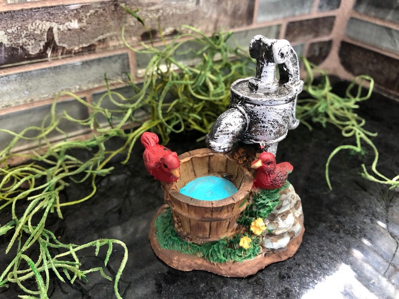 mini pump faucet doll house fairy garden Miniature water well faucet mini well red birds fairy garden well mini water faucet bucket,