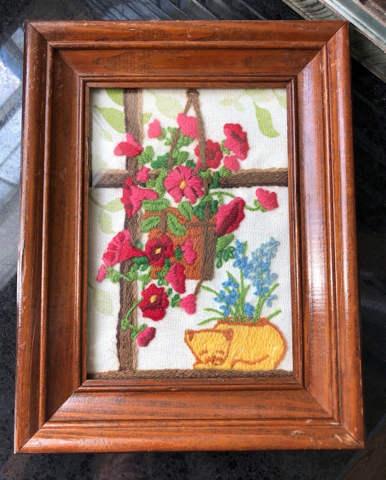 Vintage crewel embroidery framed flowers cat colorful flowers cat napping cat needlework vintage napping cat spring flowers needlepoint