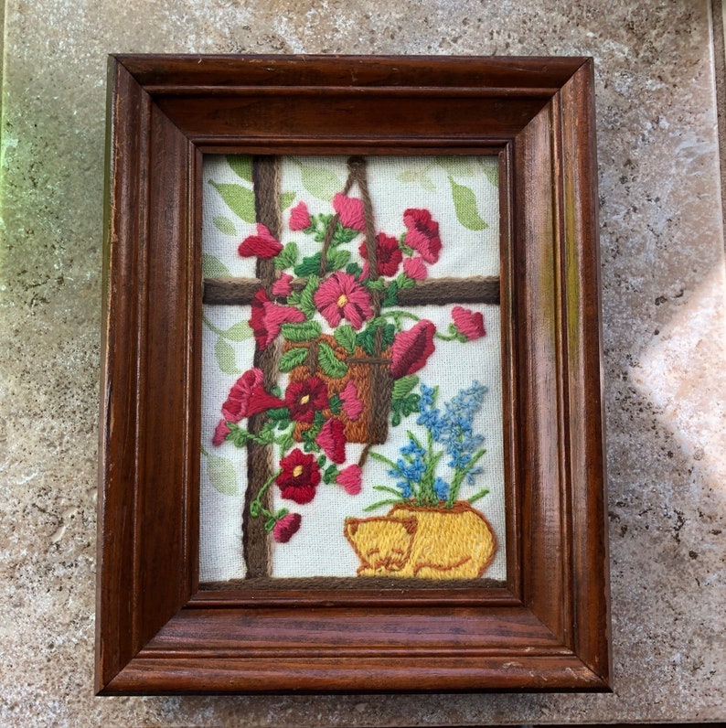 Vintage crewel embroidery framed flowers cat colorful flowers cat napping cat needlework vintage napping cat spring flowers needlepoint