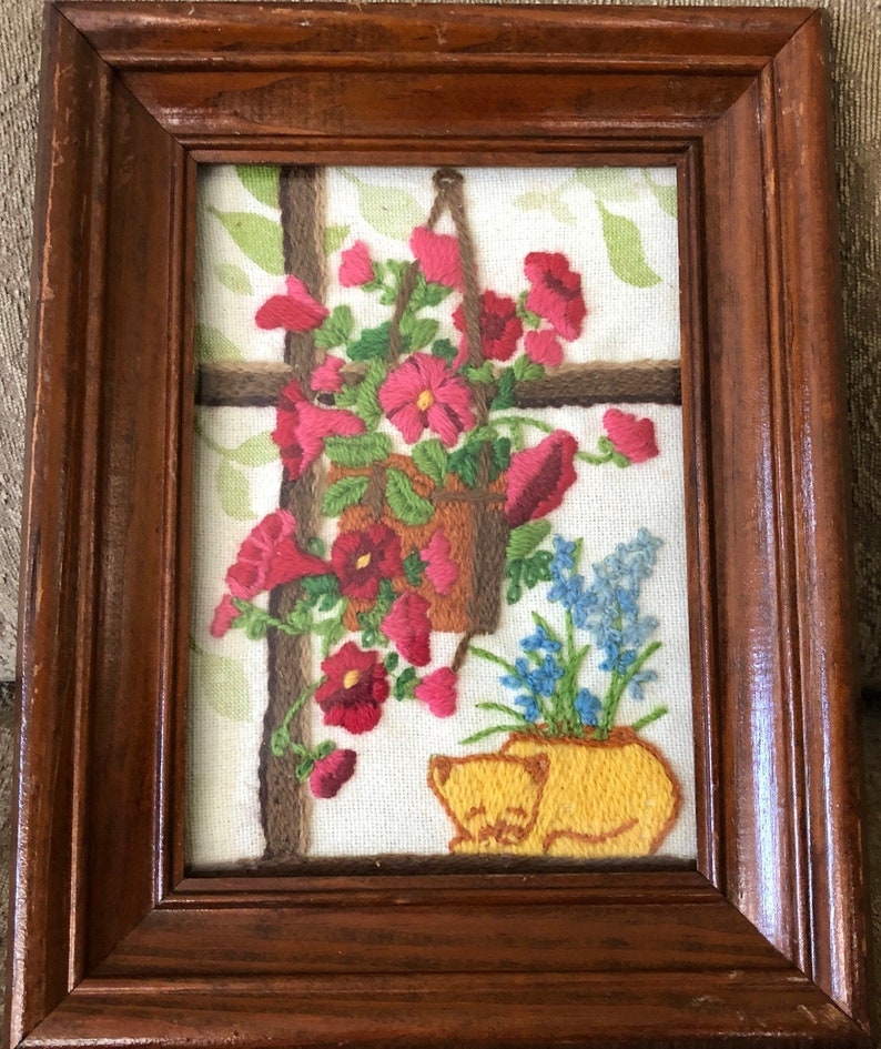 Vintage crewel embroidery framed flowers cat colorful flowers cat napping cat needlework vintage napping cat spring flowers needlepoint