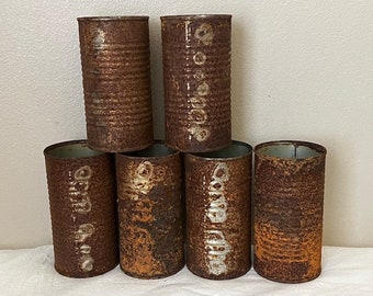 Rusty tin cans, rustic rusty cans, primitive rustic rusty cans, salvaged scrap metal cans, rust assemblage art,  mixed media art rust