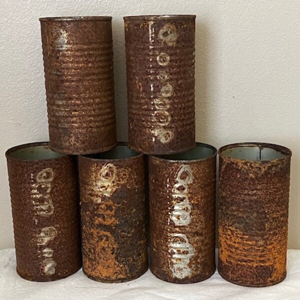 Rusty tin cans, rustic rusty cans, primitive rustic rusty cans, salvaged scrap metal cans, rust assemblage art,  mixed media art rust