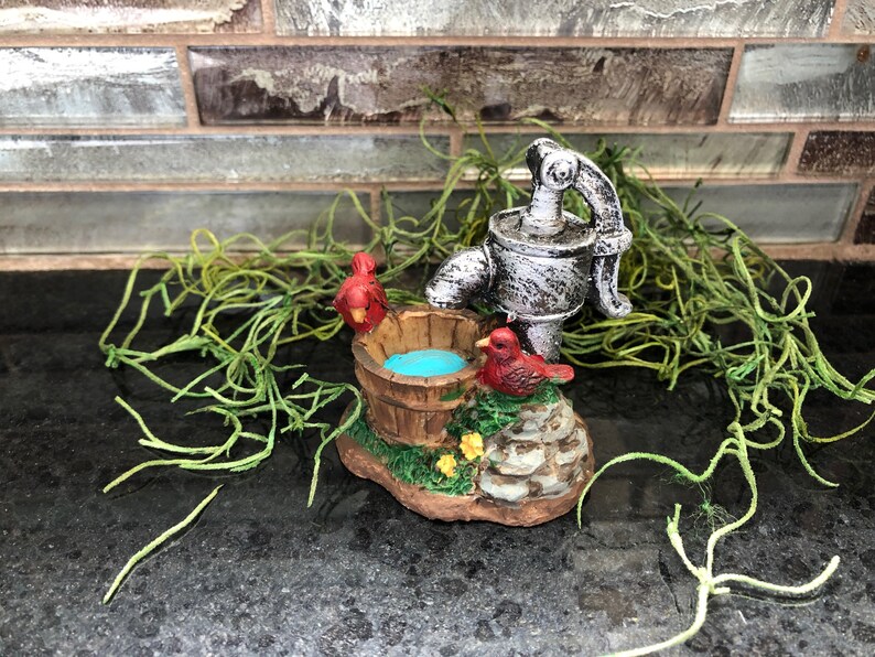 mini pump faucet doll house fairy garden Miniature water well faucet mini well red birds fairy garden well mini water faucet bucket,