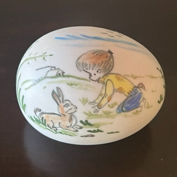 Vintage hand painted porcelain egg, boy and bunny porcelain egg, painted porcelain egg, vintage egg, signed porcelain egg