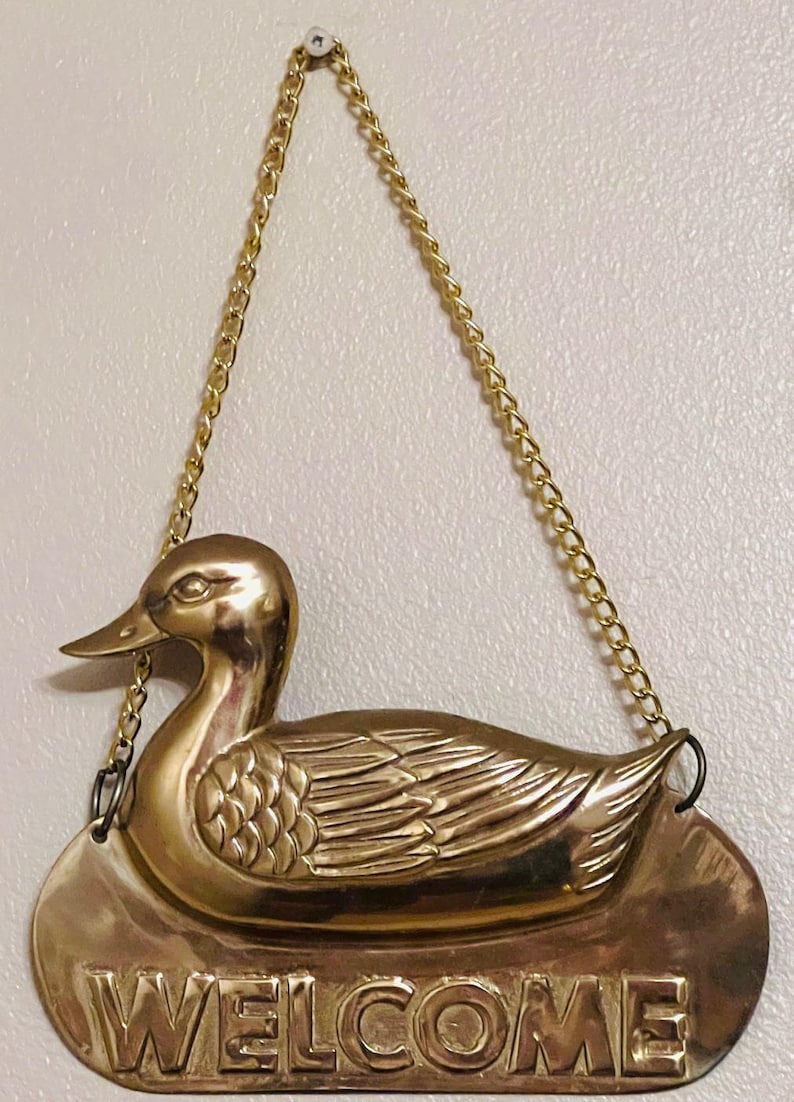 Vintage Brass Duck Welcome Sign: 1980s Wall Decor
