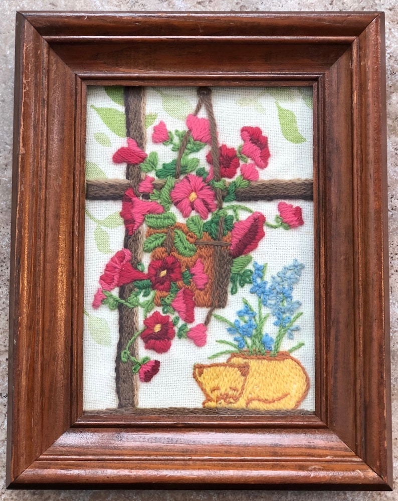 Vintage crewel embroidery framed flowers cat colorful flowers cat napping cat needlework vintage napping cat spring flowers needlepoint