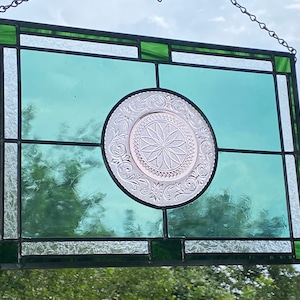 Stained Glass Pink and Green Plate Panel Wall Hanging