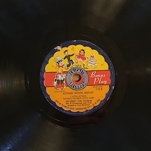 May include: A black vinyl record with a colorful label featuring a group of children dancing. The label reads "Bunny Play Records" and lists the songs "Mouse Goes Moo Moo" and "Twinkle Twinkle Little Star".