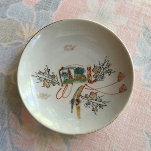 vintage mid-century Japanese dish with hand-painted scene