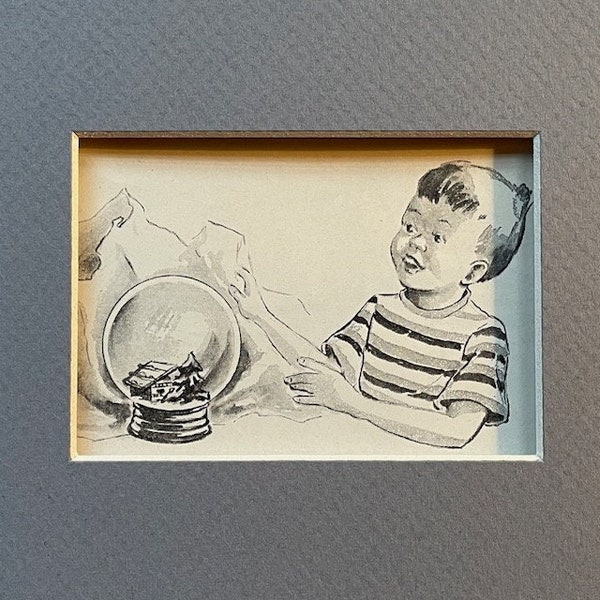 boy child opening his snow globe -- original school book illustration - not a photocopy