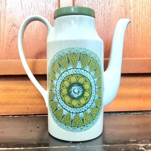 Vintage Kaffeekanne aus den 70er Jahren, englisches Steingut, New Mexico, grün, Boho-Stil, Mid-Century Modern, Azteken-Retro-Atomic-Stil