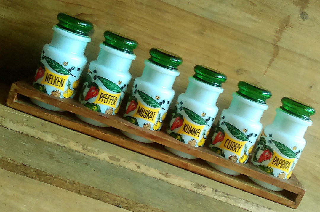 MCM Mid Century Modern Spice Jars. German Pyrex Style Milk Glass ...