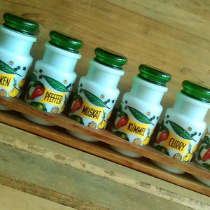 MCM Mid century modern spice jars. German Pyrex style milk glass. Borosilicate glass. Spice Jars with teak spice rack. Retro kitchen storage