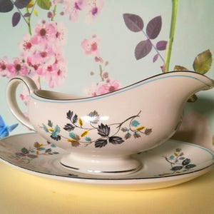 Myotts China Lyke Pattern Gravy Boat and Drip Tray . Blue Floral China Gravy Boat . Kitch china . Vintage Blue and White China Gravy Boat