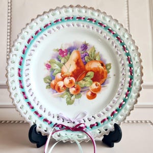 Antique porcelain, Friendship plate, Ribbon plate, pierced edge, lace edge, collectors plate, cabinet plate. Vintage kitchenware. Wall plate