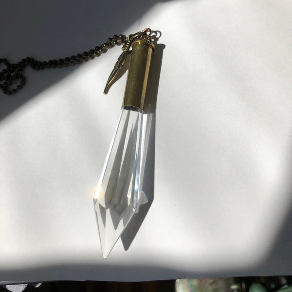 Graceful brass bullet and glass pendant necklace with feather charm/ammo pendant/ Winchester .357 mag pendant