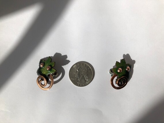 Earthy Matisse enameled copper leaf clip earrings - image 5