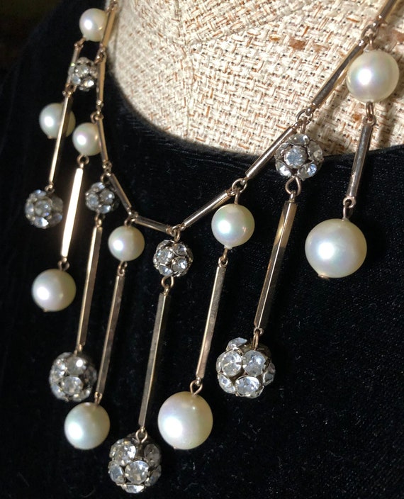 Glamorous rhinestone and faux pearl dangle bib ne… - image 2