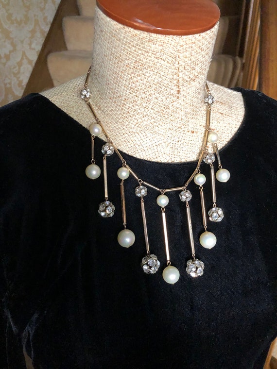 Glamorous rhinestone and faux pearl dangle bib ne… - image 1