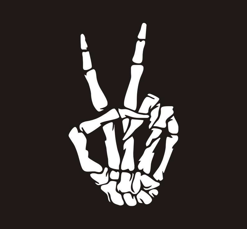 May include: A white skeletal hand making the peace sign gesture.