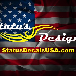 May include: A graphic design company logo with the text "Status Designs" and the website address "StatusDecalsUSA.com". The logo is displayed on a red, white, and blue American flag background.