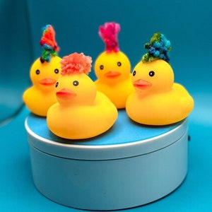 4 ducks with Mohawks, unique rubber ducks, handmade rubber ducks, set of four rubber ducks, funny unique rubber ducks, ducking ducks, ducks