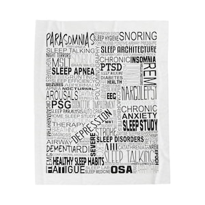 Może przedstawiać: Białe tło z czarnym tekstem opisującym różne terminy związane ze snem, w tym parasomnie, bezdech senny, bezsenność i badanie snu. Tekst jest ułożony w kształcie chmury.