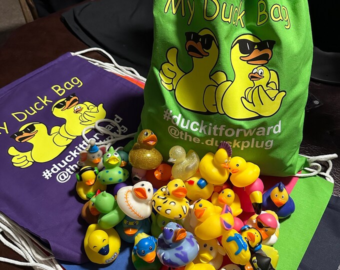 duck  bag with 20 rubber ducks, duck bag, drawstring duck bag pack, duck duck backpack, duck duck, rubber duck storage bag, ducking bag
