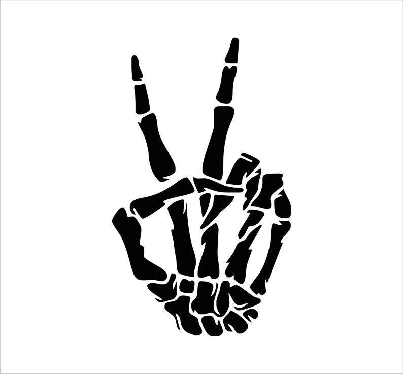 May include: Black and white silhouette of a skeleton hand making the peace sign.