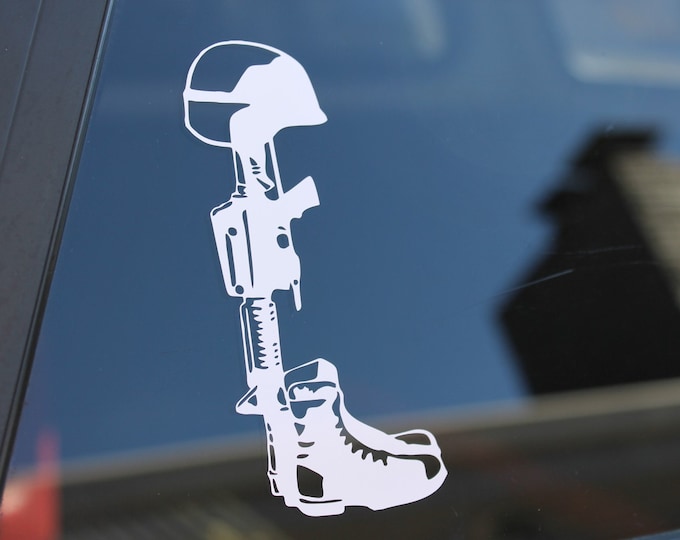 Fallen soldier decal, fallen soldier sticker, soldiers cross, fallen soldier cross, helmet boots rifle decal, Free Shipping!!