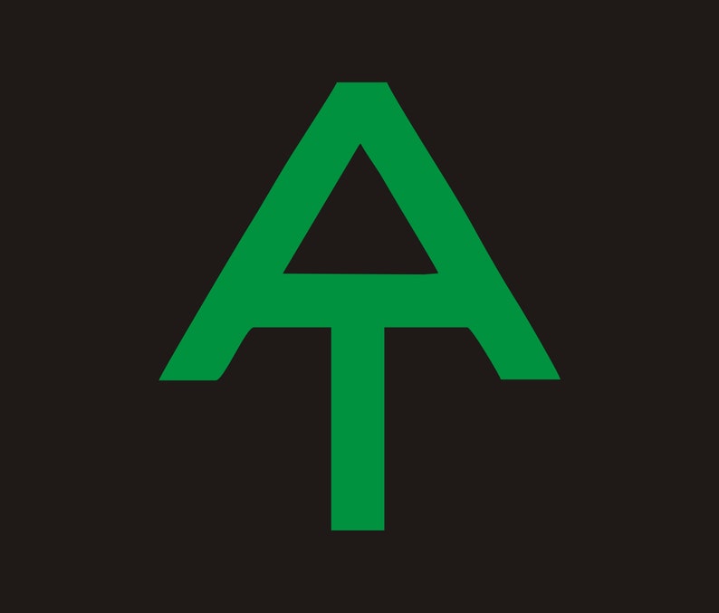 May include: A green "A" with a green "T" underneath, forming a stylised mountain peak. This is the logo for the Appalachian Trail.