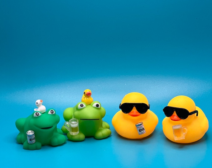 rubber ducks, one of a kind beer duck and frog