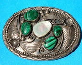 Navajo Belt Buckle Old Pawn Silver 925 Sterling hand made w Malachite Mother of Pearl inlay, Native American