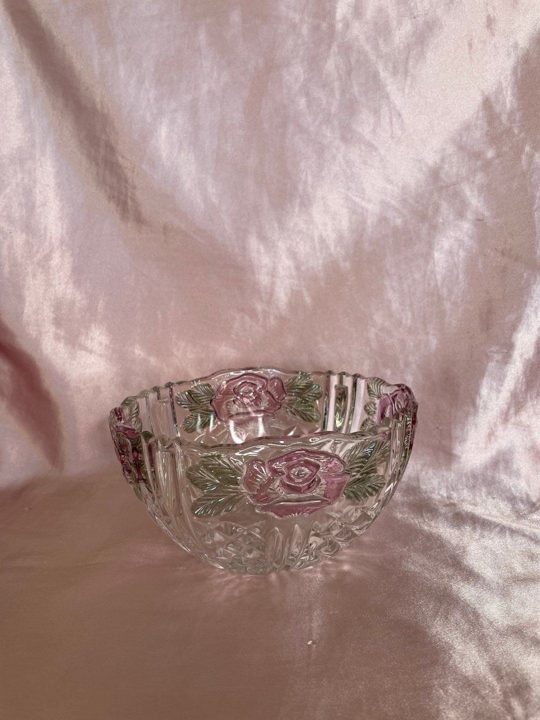 Vintage Pressed Glass Oval Bowl With Pink Rose Pattern Home Etsy