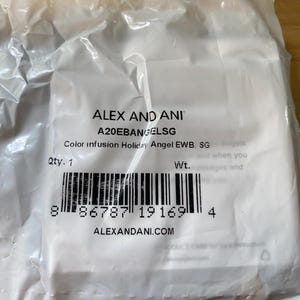 May include: A transparent plastic bag with ALEX AND ANI branding and product information. The text includes "Color infusion Holiday Angel EWB. SG" and a barcode. The bag is sealed and appears to contain a small item.