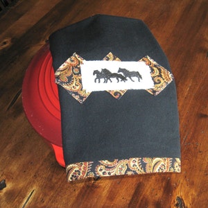 Embroidered Trio of Horses - Contemporary Country Cotton Black and Paisley KitchenTowel