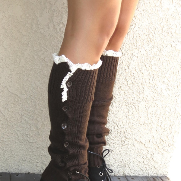 SALE Last chance sale Brown Open Crochet Knit Leg Warmers Boot Socks Woman Accessory Brown Button Down Legwarmers-Lace