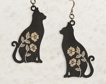 Black Cat Spirit Birch Wood Earrings