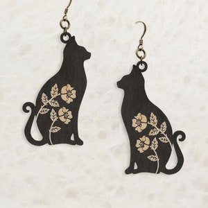 Black Cat Spirit Birch Wood Earrings