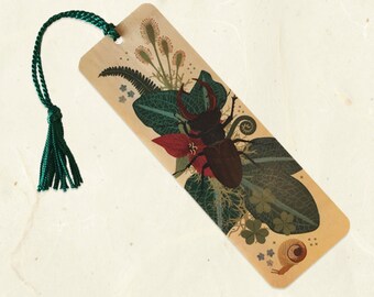 Marcador de livro de madeira sustentável Stag Beetle com borla