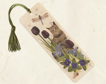 Tabby Cat and Dragonfly Sustainable Wood Bookmark with Tassel