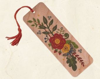 Folk Flowers Sustainable Wood Bookmark with Tassel