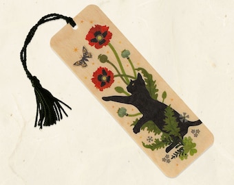 Black Cat & Poppy Sustainable Wood Bookmark with Tassel
