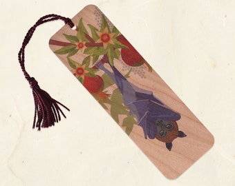 Fruit Bat & Pomegranate Sustainable Wood Bookmark with Tassel