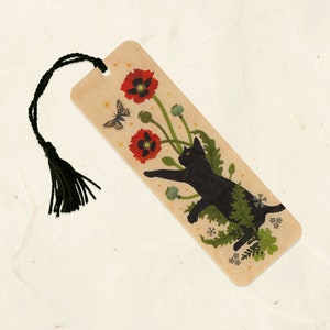 Black Cat & Poppy Sustainable Wood Bookmark with Tassel