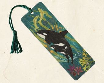 Orca and Baby Sustainable Wood Bookmark with Tassel