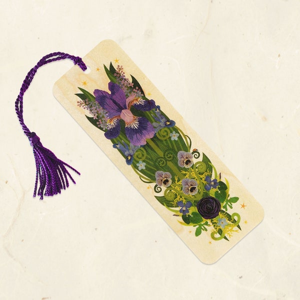 Iris & Ladybug Sustainable Wood Bookmark with Tassel