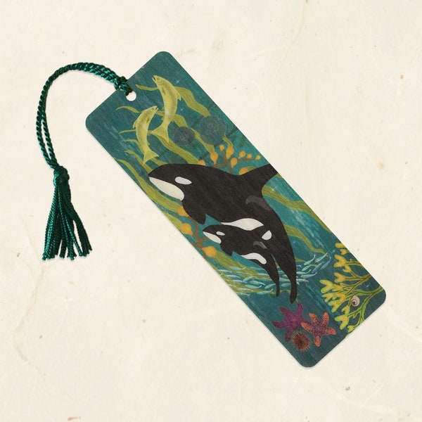 Orca and Baby Sustainable Wood Bookmark with Tassel